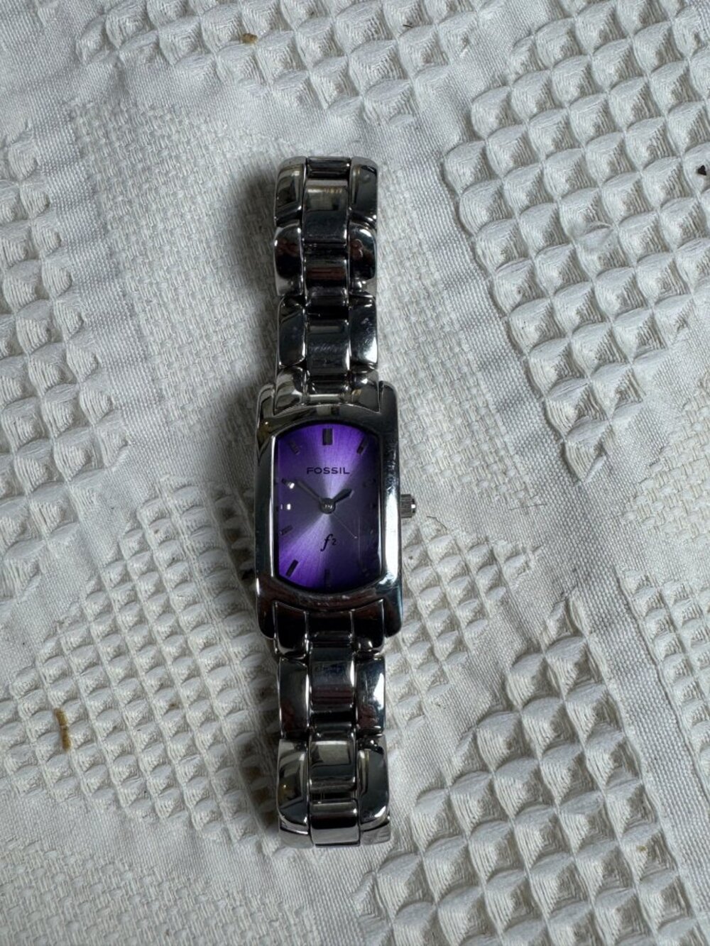 Fossil F2 Womens Stainless Steel Watch w Purple Dial Rectangular Face ES9597
